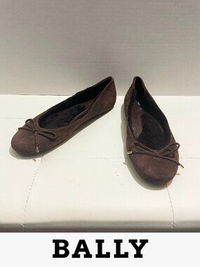BALLY Switzerland Brown Suede Ballet Flats with Tie Bow & Fur Lining | Size 9